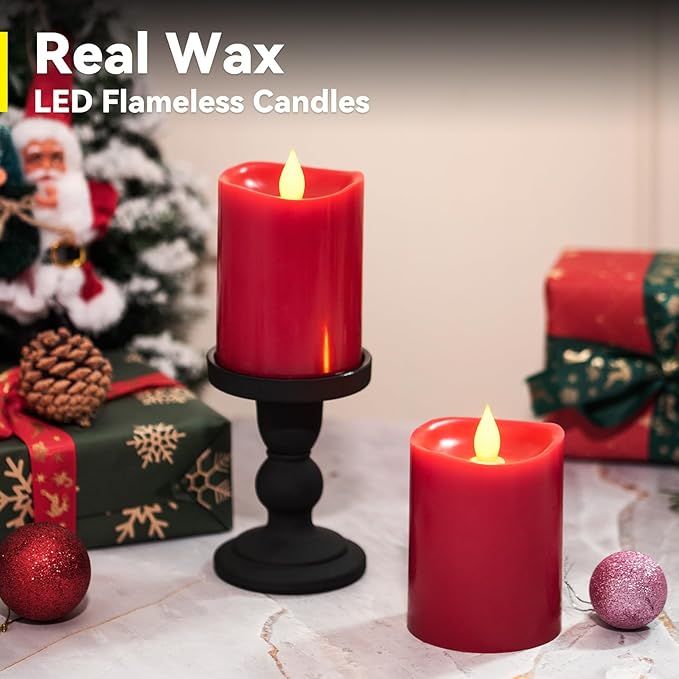 3" x 4" Red Flameless Candles - LED Pillar with Remote, Timer, Flickering, 600+ Hour Battery Life, Ideal for Christmas, Halloween, and Indoor Decor (Red, 3"*4"-2pcs)