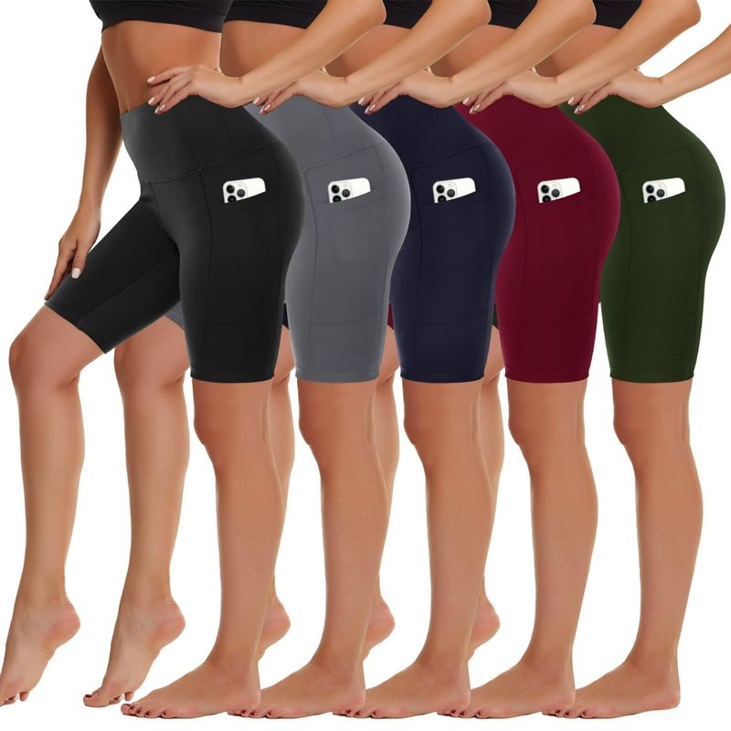 5 Pack Biker Shorts with Pockets for Women - 8" High Waist Spandex Workout Yoga Running Athletic (Black/Grey/Navy/Wine/Olive-Pockets,Plus)