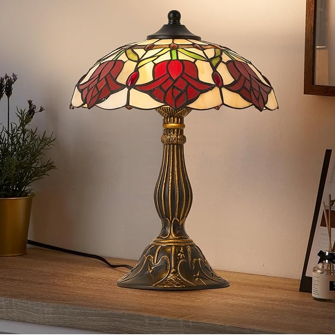 Tiffany Style Table Lamp, Vintage Style Desk Lamp with Stained Glass Shade, Mid Century Modern Bedside Nightstand Decorative Lamps Unique Accent Light for Bedroom Living Room ect