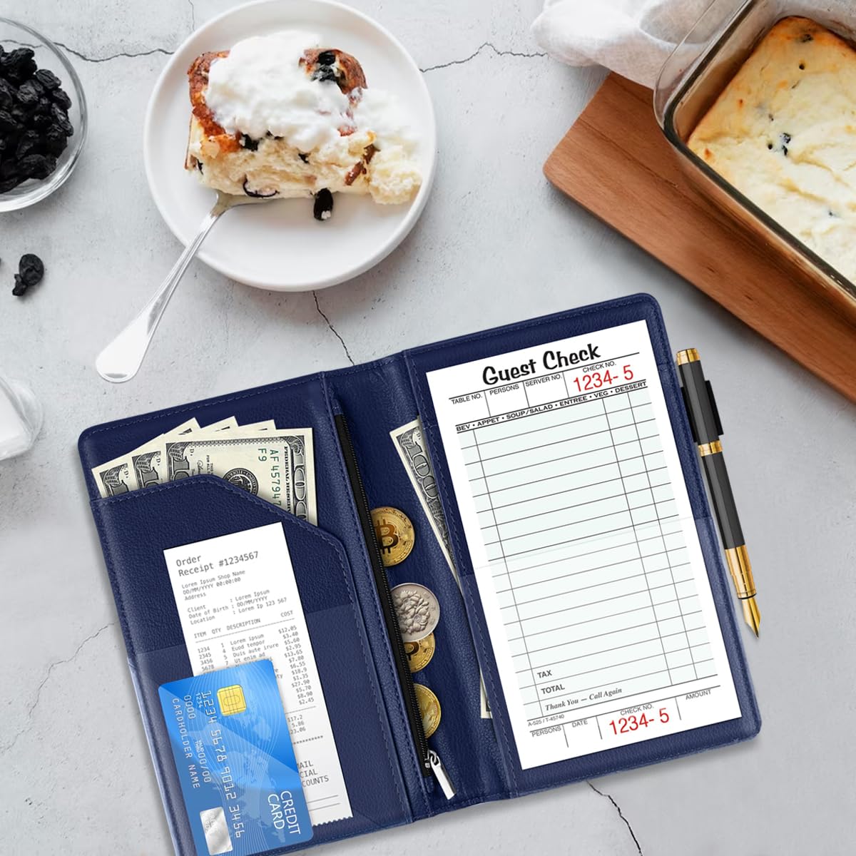 WAVEYU Cute Server Books for Waitress Waiter, Leather Guest Book Note Pad with Zipper, Money Organizer Wallet, Cash Check Bill Receipt Holder Presenter, 8x5 inch, Mandala