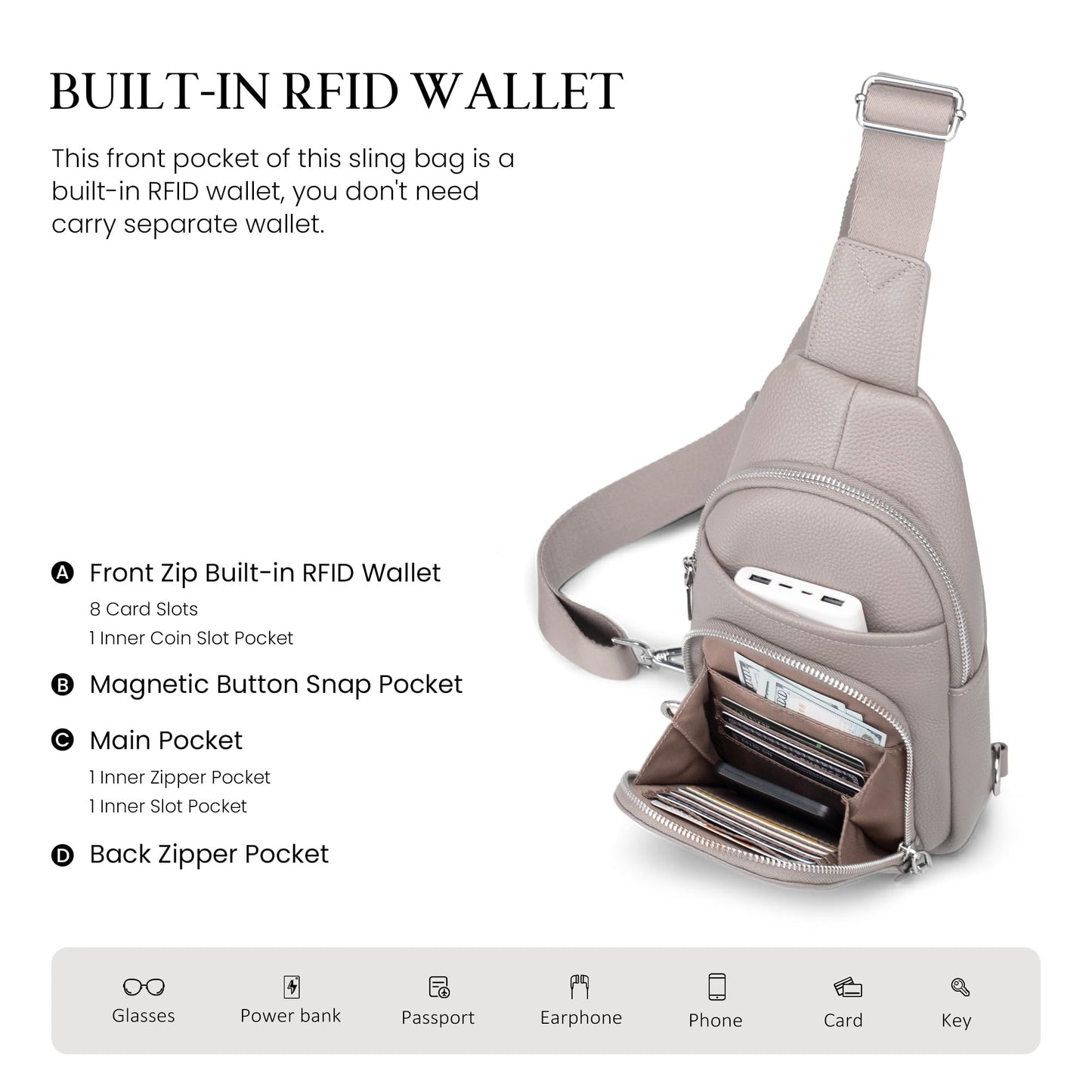 befen Genuine Leather Small Crossbody Sling Bag for Women Anti-Theft Crossbody Chest Bags Purse with Built in RFID Wallet for Travel Beige Grey