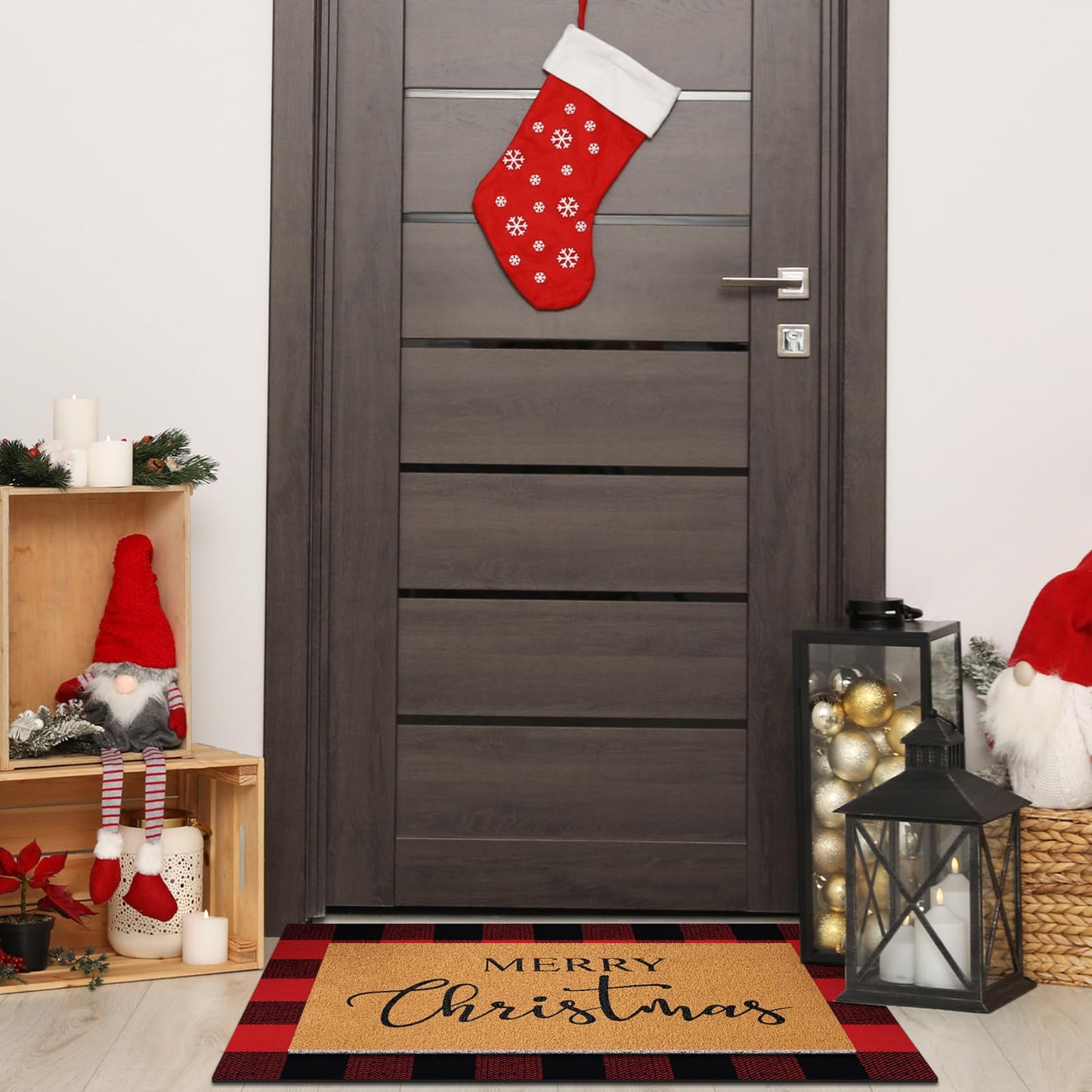 Duraaamo 2 Pcs Christmas Doormat Merry Christ Non Slip Outdoor Rug Xmas Welcome Layered Buffalo Floor Mats for Front Porch Entryway(Red Black,Plaid)