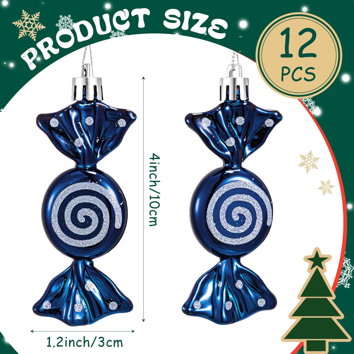 Threan 12 Pcs Christmas Candy Ornaments for Tree Decoration Hanging Glitter Candy Cane Christmas Peppermint Ornament with Golden Rope for Xmas Holiday Decoration(Dark Blue,Plastic)