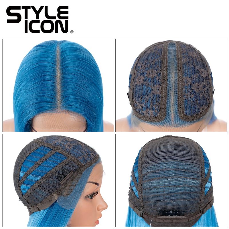 Style Icon 38" Super Long Straight Wigs 6" Deeper Middle Part Lace Lace Front Wigs Ombre Blue Color Synthetic Wig (38", GT BLUE/BLUE5)