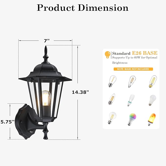 GRUENLICH Dusk to Dawn Outdoor Wall Sconce, Exterior Front Porch Lighting with Clear Glass, Black Aluminum Outside Coach Light for Patio Doorway Garage, 1 Pack