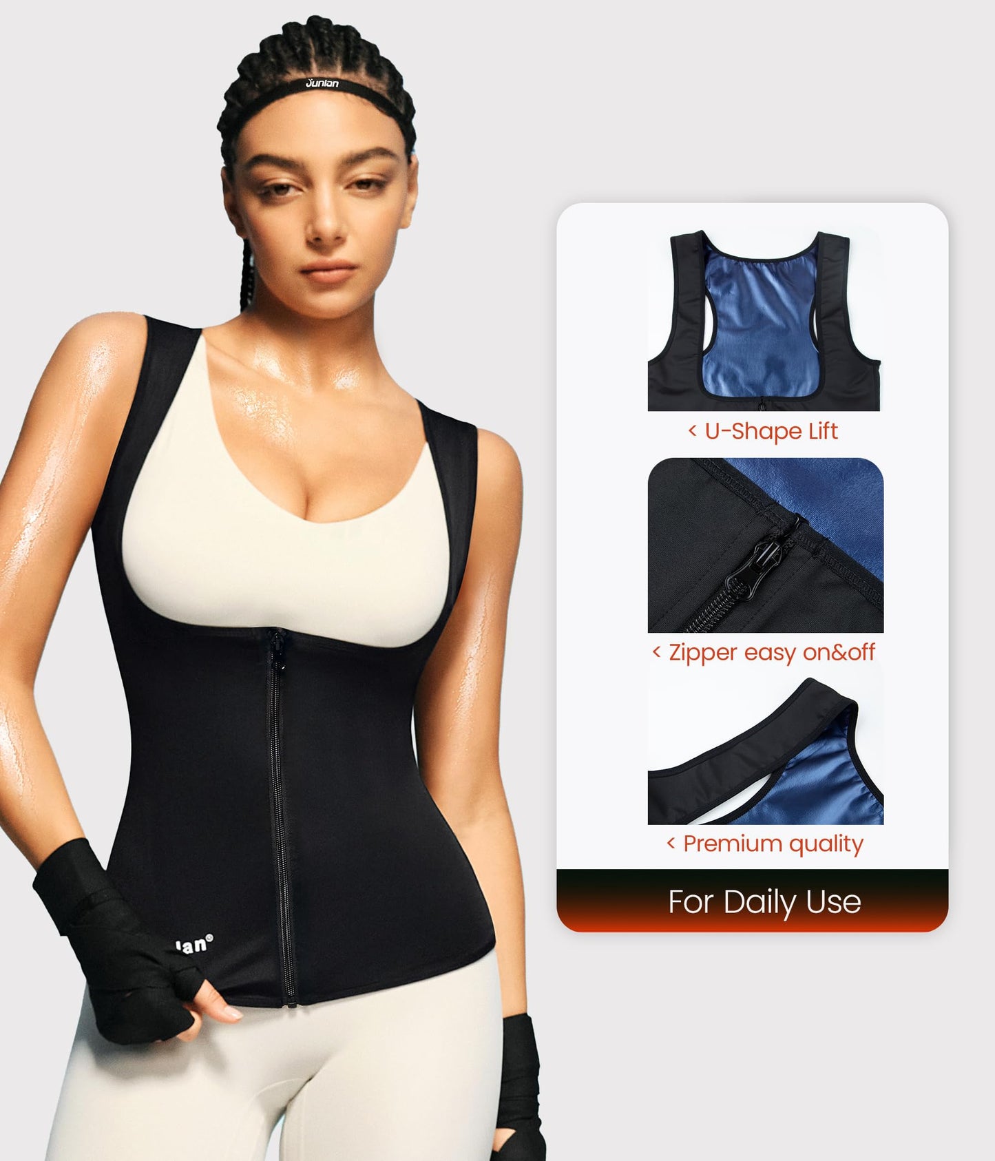 Junlan Sauna Suit Vest Waist Trainer for Women Zipper Sweat Tank Top Shaper