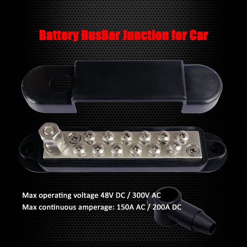 1/4" Stud Power Distribution Block Bus Bar with 12 x #8 Screws, Ampper 5.3" 12V 150A Marine BusBar Battery Distribution Block W/Cover for Car Audio Boat Solar (Black)