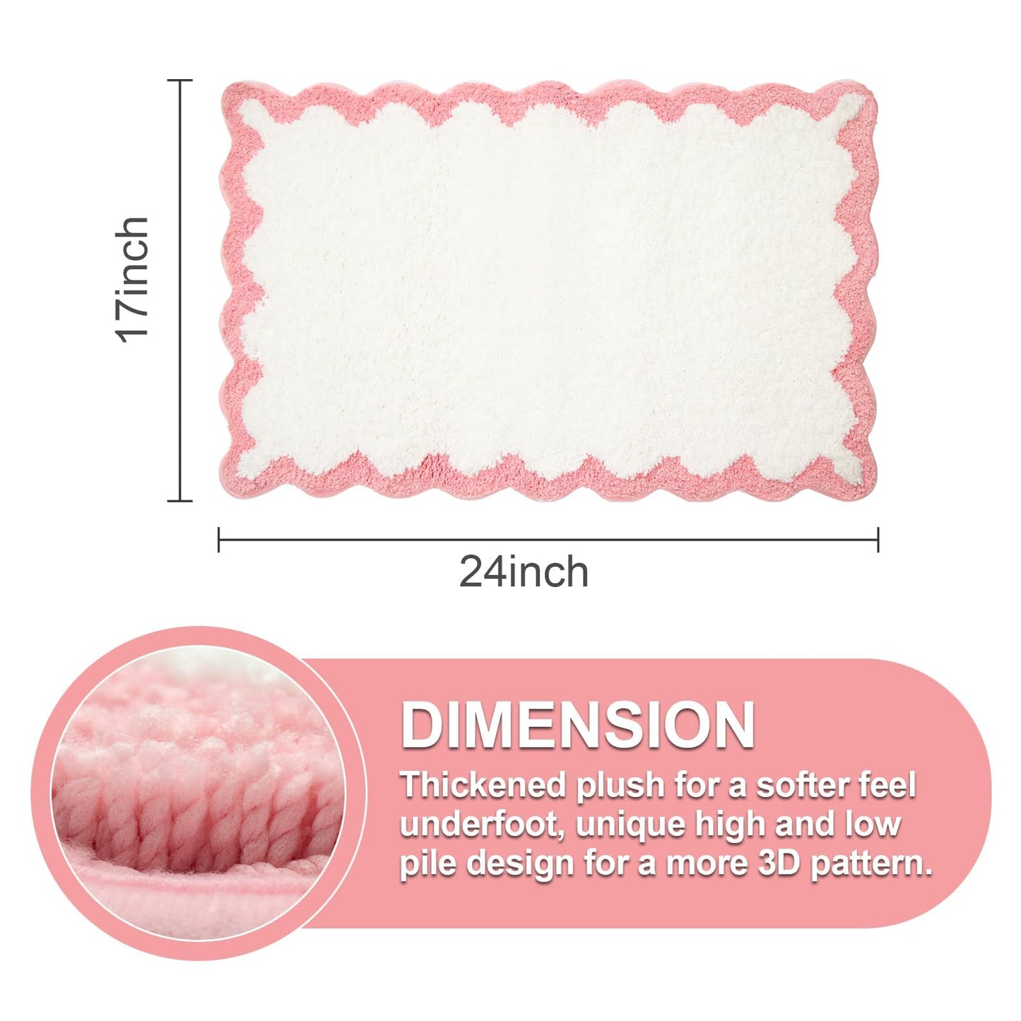 ORTIGIA Small Cute Scalloped Bath Mat, White and Pink Plush Microfiber Scallop Bathroom Rugs Non Slip Washable Quick Dry Absorbent, Bathmat for Shower Stall Vanities Kitchen Floor Entrance, 17x24