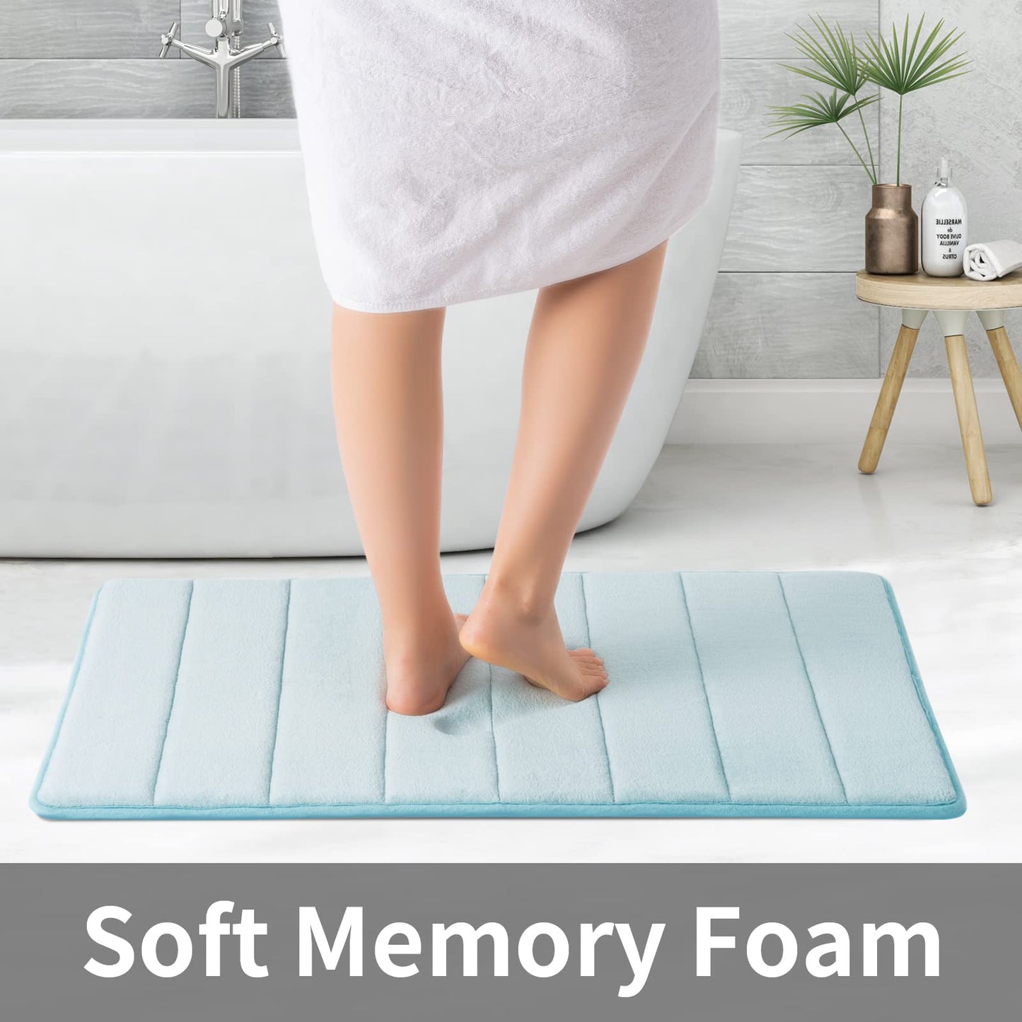 ROSMARUS Memory Foam Bath Mat 17' x 24', Water Absorbent Shower Mat, Thick Non Slip Bath Rugs with PVC Backing, Ultra Soft Bathroom Rugs for Floor & Tub, Aqua Blue