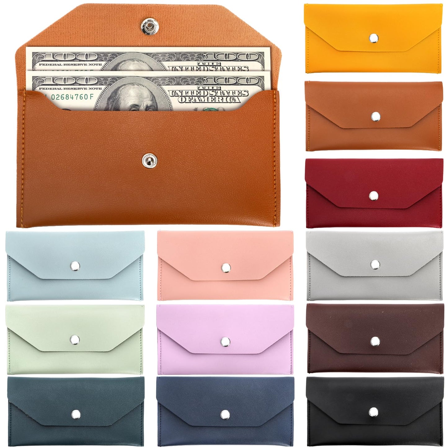 Tebery 12 Pcs PU Leather Cash Wallet, Reusable Money Envelope Purse with Snap Closure, Waterproof Pouch Bag Budget Organizers for Cash, Receipt, Card, 12 Color