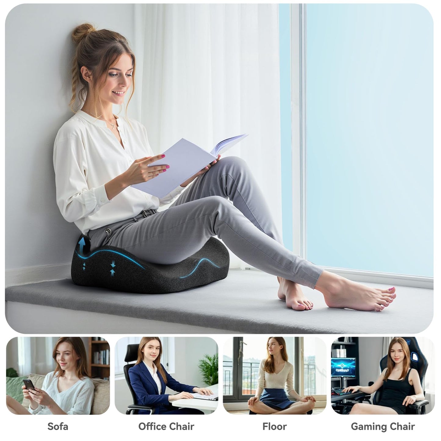 CXC Memory Foam Cushions for Office Chair – Pressure Relief Seat Cushion for Desk Chair, Car, Wheelchair, Hip & Tailbone Pain Relief Cushion for Lxx`ong Sitting, Non-Slip (Black - 3D Breathable Mesh)