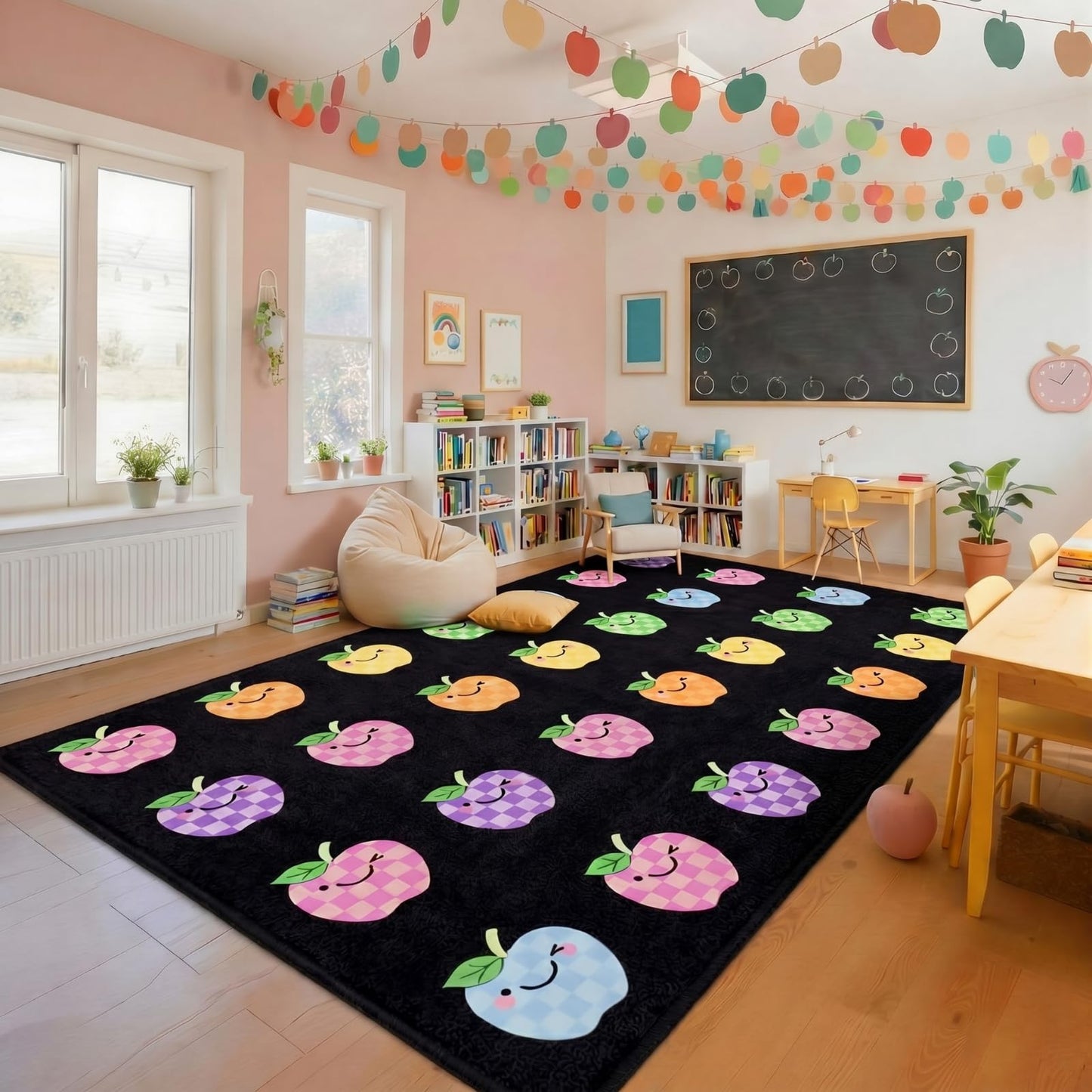 Breling Pastel Apple Classroom Rug 7'6" x 12' Large Classroom Carpet Fun Durable School for Learning Centers Primary Kindergarten Nursery Learning Play Group Activities Mat Back to School Decor
