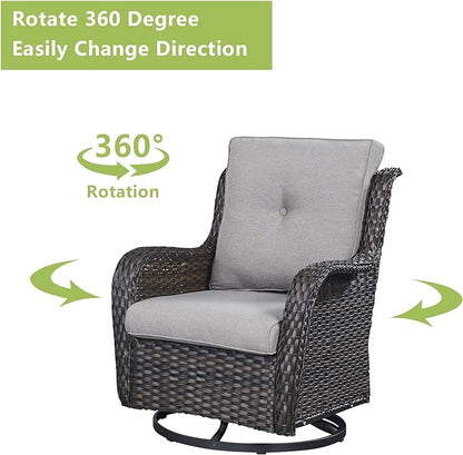 Rilyson Wicker Rocking Chair Swivel Chairs – 6 Piece Rocker Patio Furniture Set Rattan Rocking Bistro Sets with Glass Top Side Table for Outdoor Porch Deck Garden Backyard(Brown/Grey)