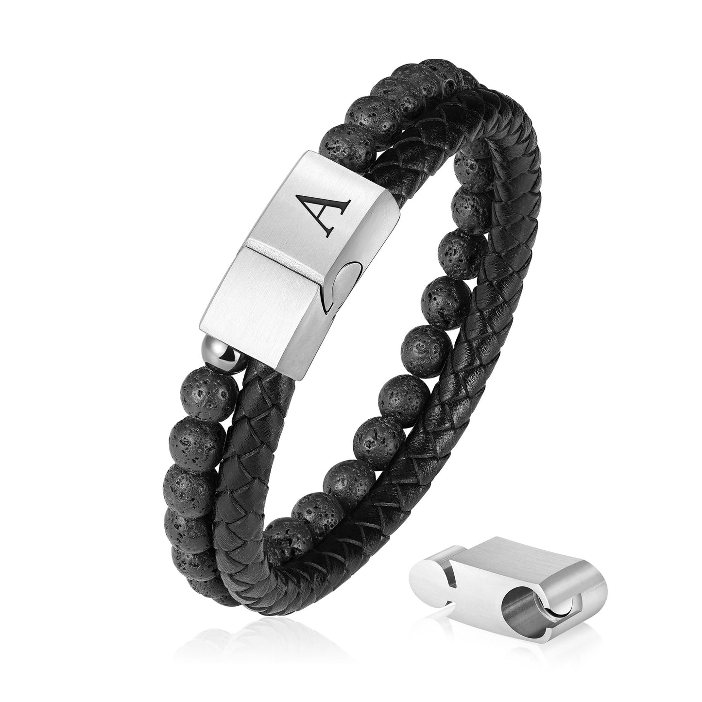 FOCOOG Gifts for Mens Bracelet - Men Gift Leather Bracelets for Men with Initial Lava Rock Bead Gift for Husband Leather Men's Initial A Bracelet for Men's Jewelry Mens Gifts for Dad Husband