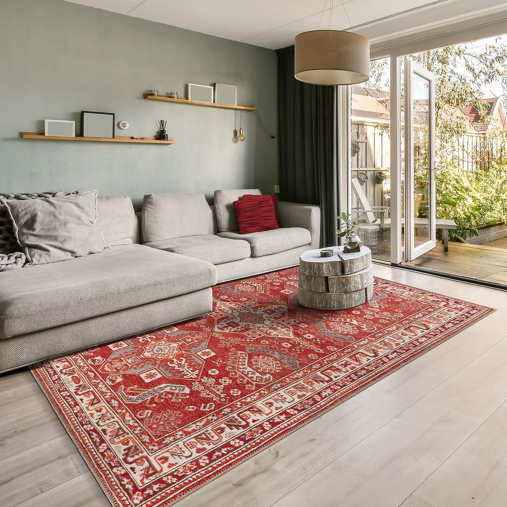 GLN Rugs Vintage - Knossos - Machine Washable Area Rug, Oriental Washable, Non Slip, Low Pile Chenille Area Rug, Living Room, Bedroom, Kitchen Rug - Easy Clean (5'x7' Red and Beige)