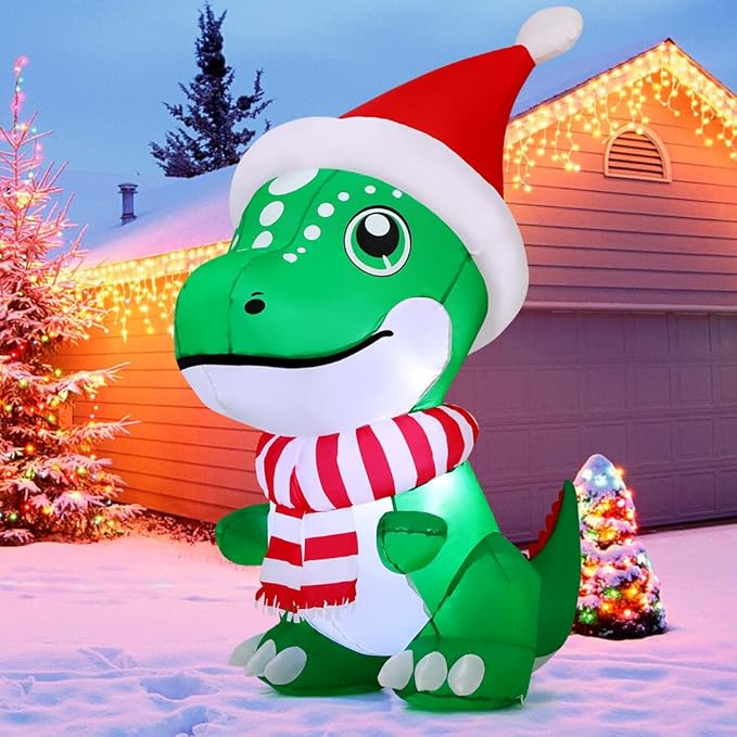 GOOSH 5 FT Christmas Inflatables Dinosaur Outdoor Decorations Blow Up T Rex with Xmas Hat Yard Decorations with Built-in LED Lights for Garden Lawn Indoor Party Décor