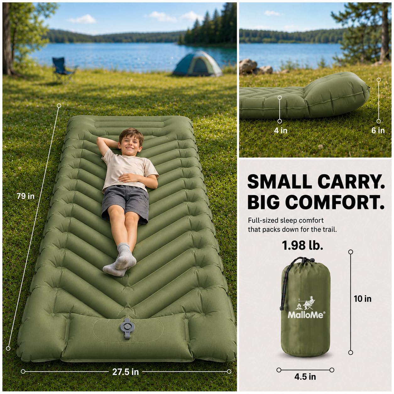 MalloMe Sleeping Pad for Camping, Camping Mattress - Bed for Outdoors Self-Inflating Air Mattress for Backpacking Leak-Resistant Inflatable Travel Mat w/Foot Pump Compact Ultralight Single & Double