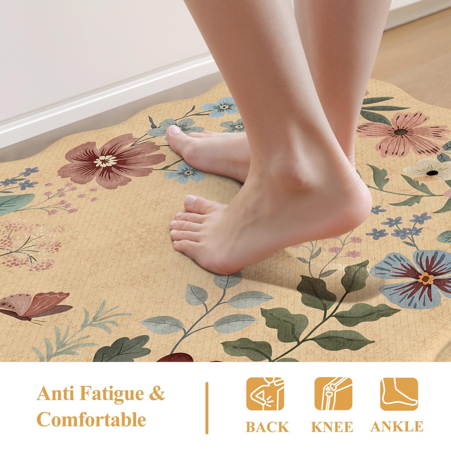 Collive Kitchen Floor Mat Cushioned Anti Fatigue, Scalloped Waterproof Kitchen Sink Rugs Non Skid Sets of 2, Memory Foam Comfort Standing Mats Boho Floral Desk Carpet for Laundry, Office, Home Decor