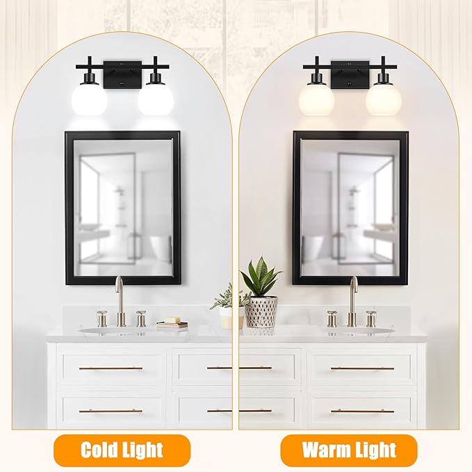 2-Light Black Bathroom Lighting Fixtures Over Mirror,Modern Vanity Lighting Fixtures,Bathroom Wall Mounted Vanity Light with Milky White Glass Lampshade for Living Room，Bedroom，Hallway