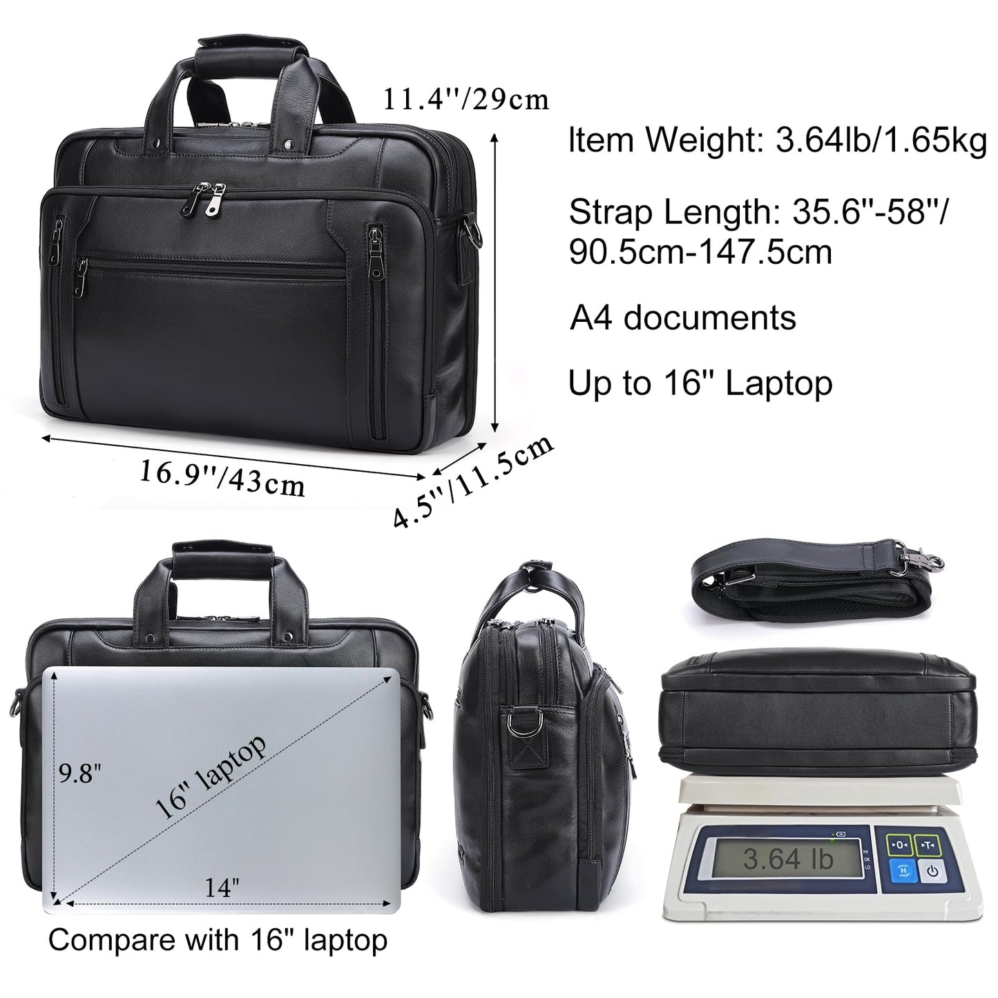 Masa Kawa Black Leather Briefcase for Men, Waterproof 16 Inch Laptop Computer Case, Crossbody Shoulder Messenger Bag for Business Travel, Office Work