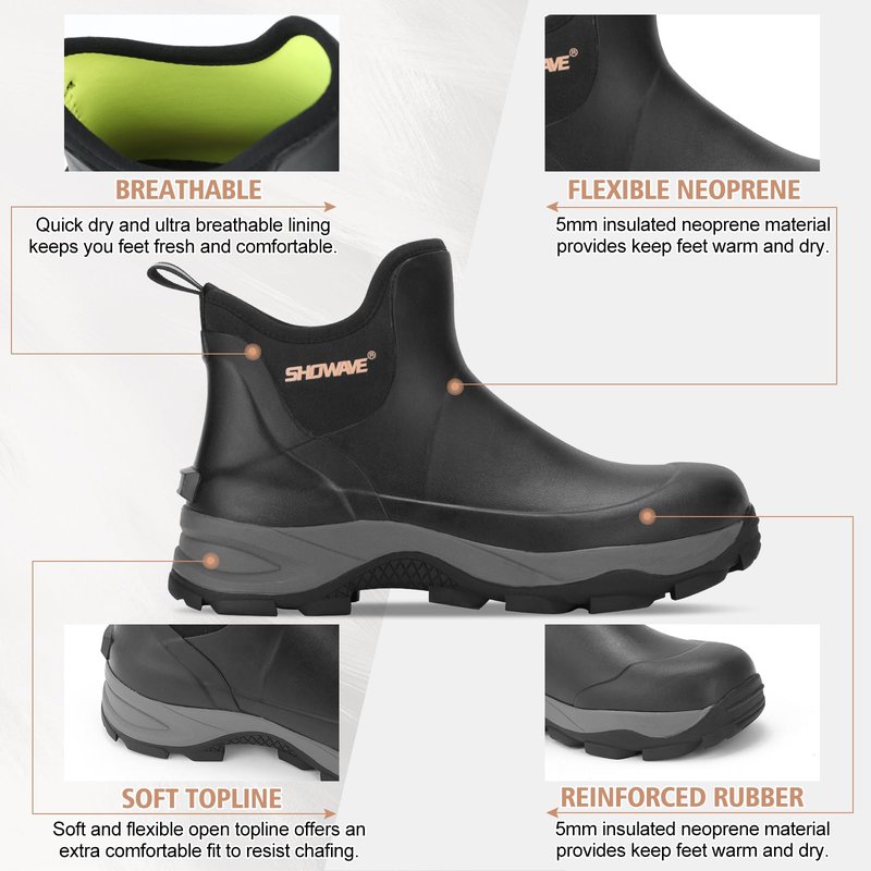 Showave Men's Rubber Boots Waterproof Rain Footwear Durable Short Hunting Boots for Mud Gardening Yard and Chore Working (Size 14,Black)
