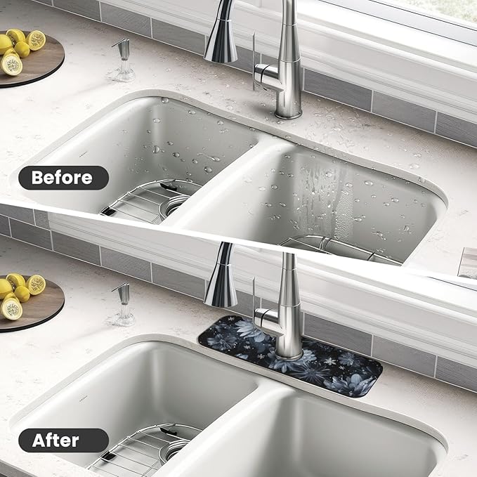 Faucet Draining Mat For Kitchen Sink, Stylized Gray Chrysanthemum Flowers