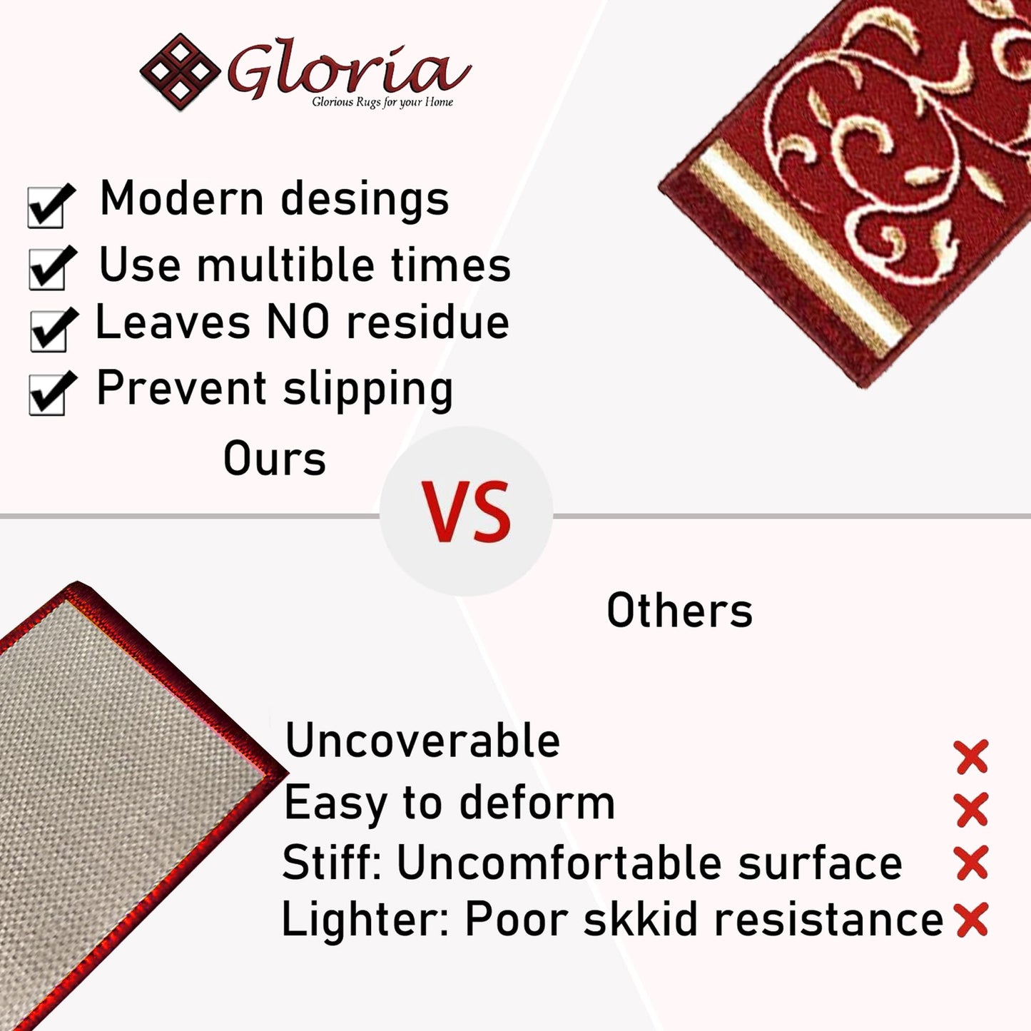 Gloria Stair Treads Carpet Non-Slip Stair Runners for Wooden Steps Non Slip Rubber Back Stair Rugs Stairway Carpet Set of 7 Red Floral (8.5” x 26”)