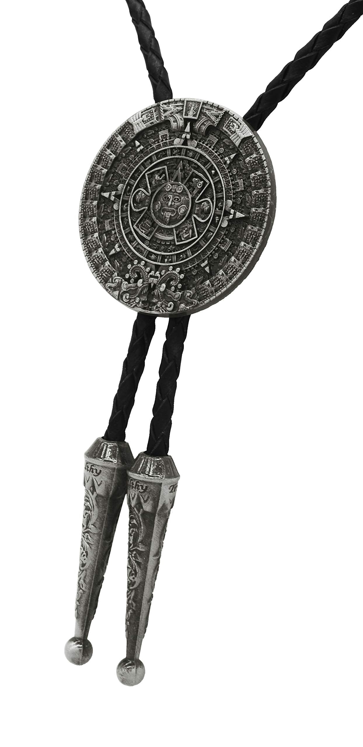 Moranse Bolo tie With Pewter Aztec Calendar Circle Design Cowboy Two Colors (Silver)