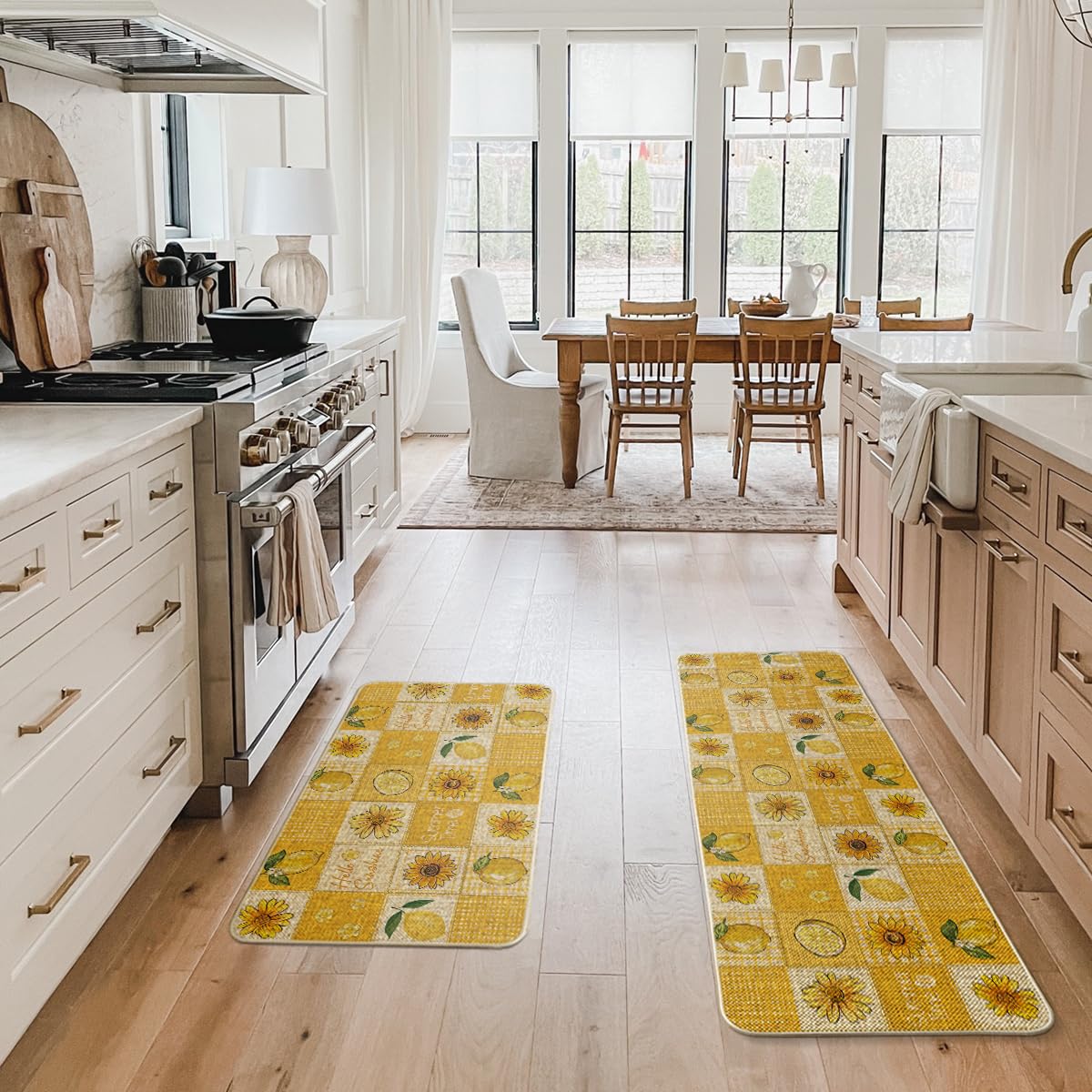 Artoid Mode Plaid Lemon Sunflower Summer Kitchen Mats Set of 2, Seasonal Low-Profile Home Decor Kitchen Rugs for Floor - 17x29 and 17x47 Inch