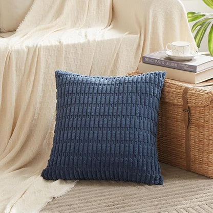 Fancy Homi Dusty Blue Decorative Throw Pillow Covers 22x22 Inch for Living Room Couch Bed Sofa, Rustic Farmhouse Boho Home Decor, Soft Striped Corduroy Square Cushion Case 55x55 cm