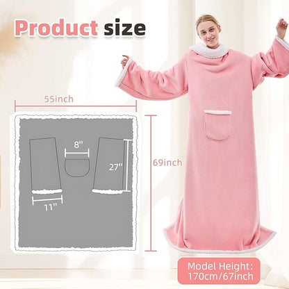 IFNOW Sherpa Wearable Blanket with Sleeves for Women Men Adults, Cozy Wearable Blanket with Arm and Pocket, Warm Full Body TV Wrap Throw Blanket, Soft Robe Blanket as Gifts for Mom Wife, Pink