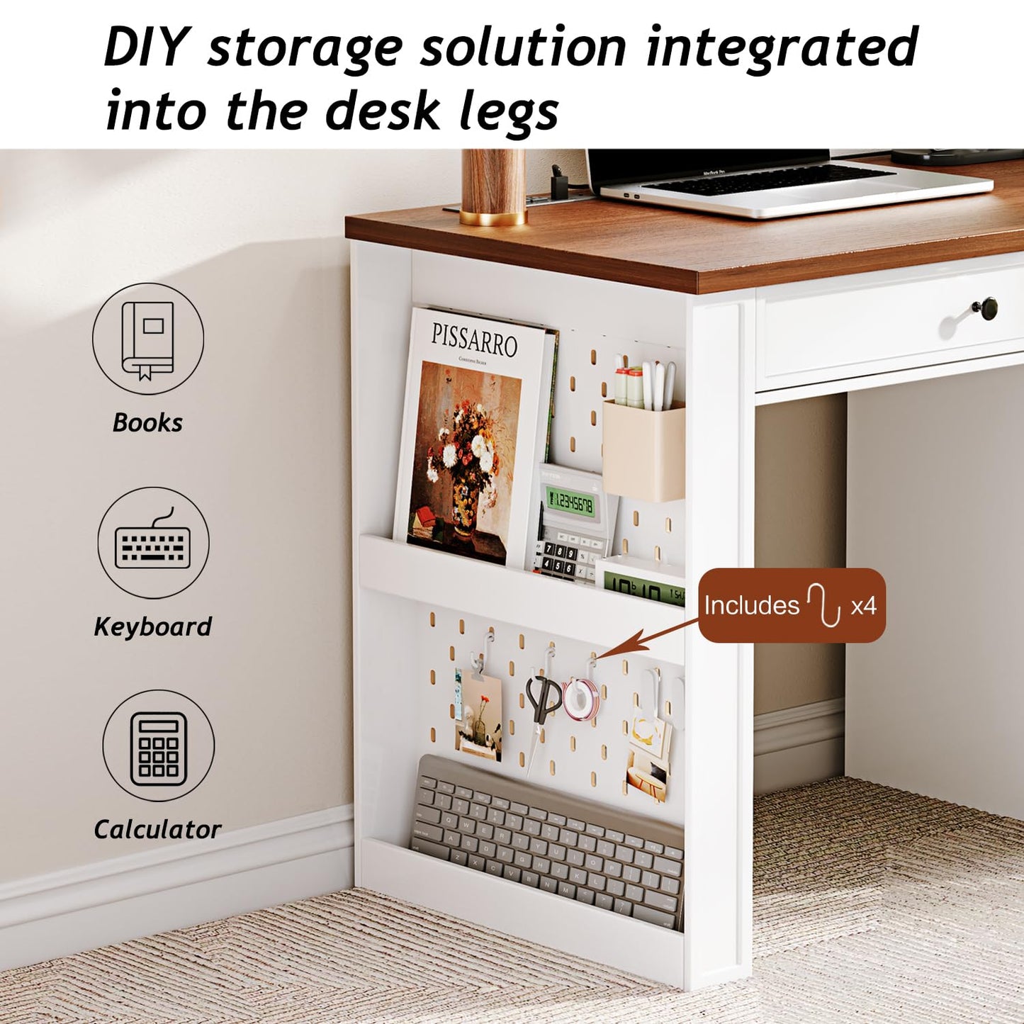 Ieejdn 47" Home Office Desks, Executive Desk, Farmhouse Computer Desk with Drawers and Charging Station, File Drawer, Storage Cabinet, Rustic Computer Writing Desk,Antique White