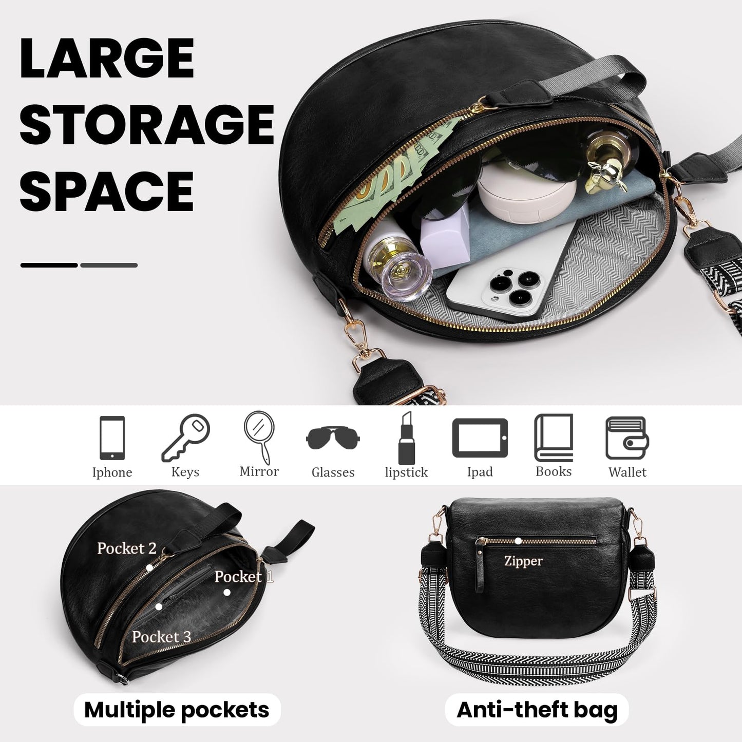Leather Crossbody Fanny Pack Trendy Bum Bag Double Zip Multi Compartment with 2 Adjustable Straps Daily Belt Purse for Women