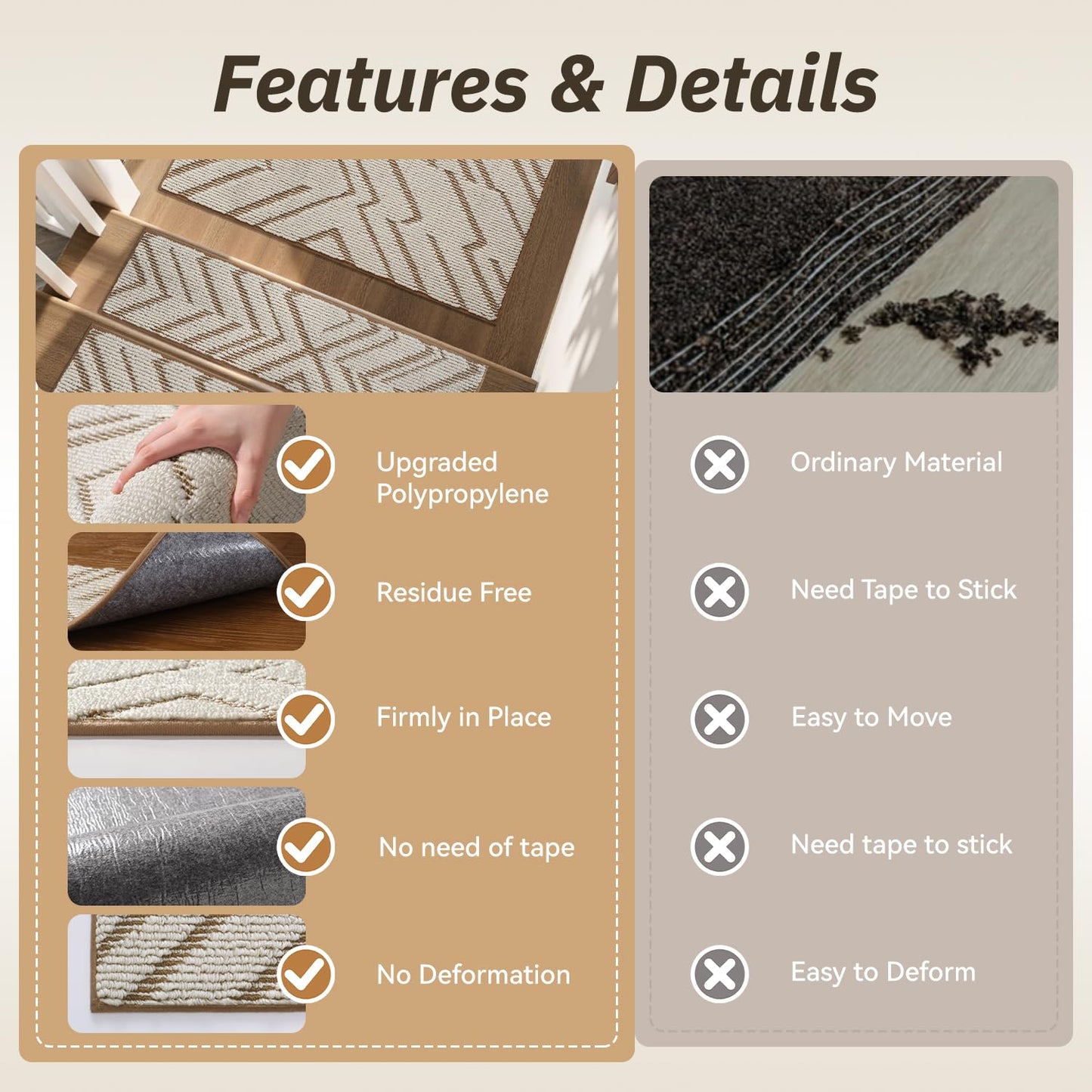 PADOOR Stair Treads Landing Rugs Non Slip,3D Peel and Stick Stair Treads for Wooden Steps,Square Washable Stair Runner Indoor for Kids,Elders and Pets,31"x31", Brown
