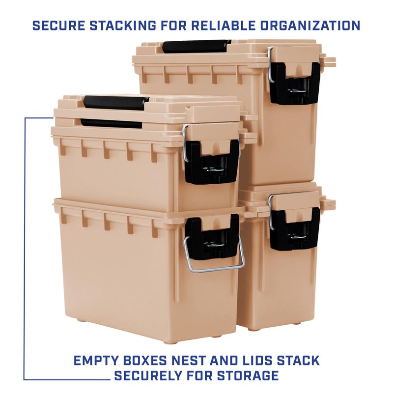 Sheffield 12627 Ammo Storage Box, Stackable .30 Cal Field Boxes, Water and Dust Resistant, Lockable Storage Box with Handle, Secures Hunting Gear, Supplies, and Bullets, Made in USA, Tan, 1-Pack