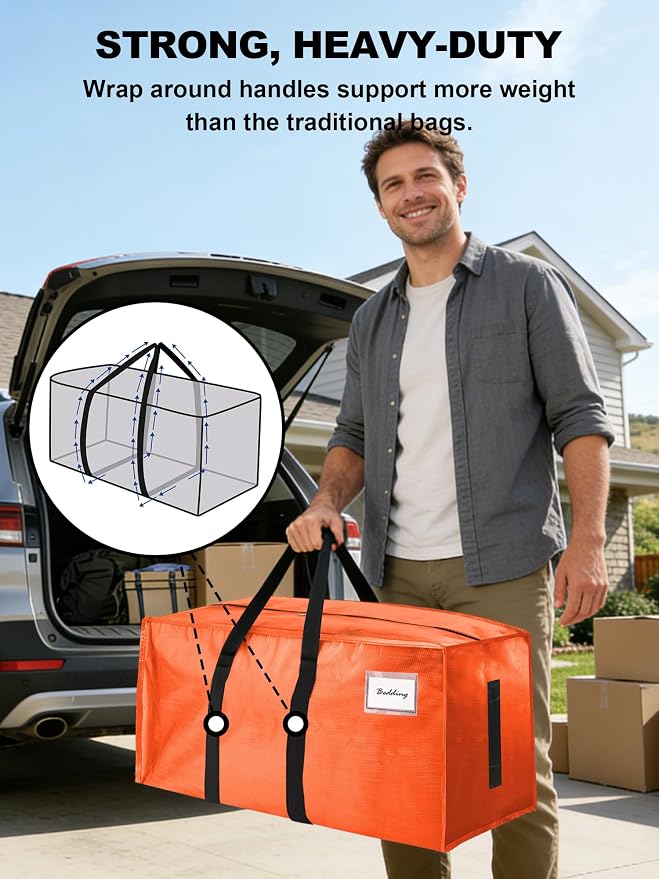 HOMESURE Supports 200lbs Heavy Duty Moving Bags - Strong Zipper & Wrap-Around Handles - Water-Resistant Storage Totes, Durable Alternative to Moving Boxes - 12 Pack - Orange