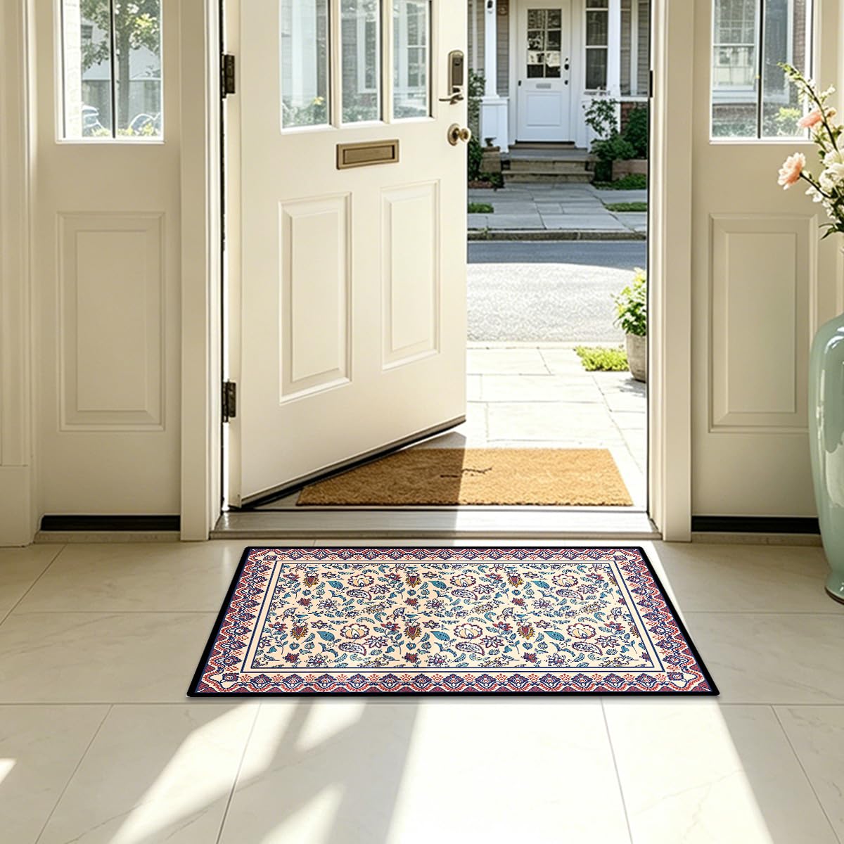 Washable Corridor Runner Rug, Non-Slip Hallway Rug with Upgrade Rubber Backing, Stain Resistant Faux Wool Distressed Carpet for Bedroom Kitchen Laundry Corridor Balcony (Leaf, 35.4" x 23.6")