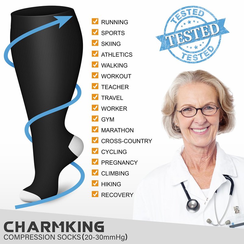 CHARKING Plus Size Compression Socks for Women & Men - Circulation Support 3 Pairs Wide Calf 15-20 mmHg (Black, X-Large)