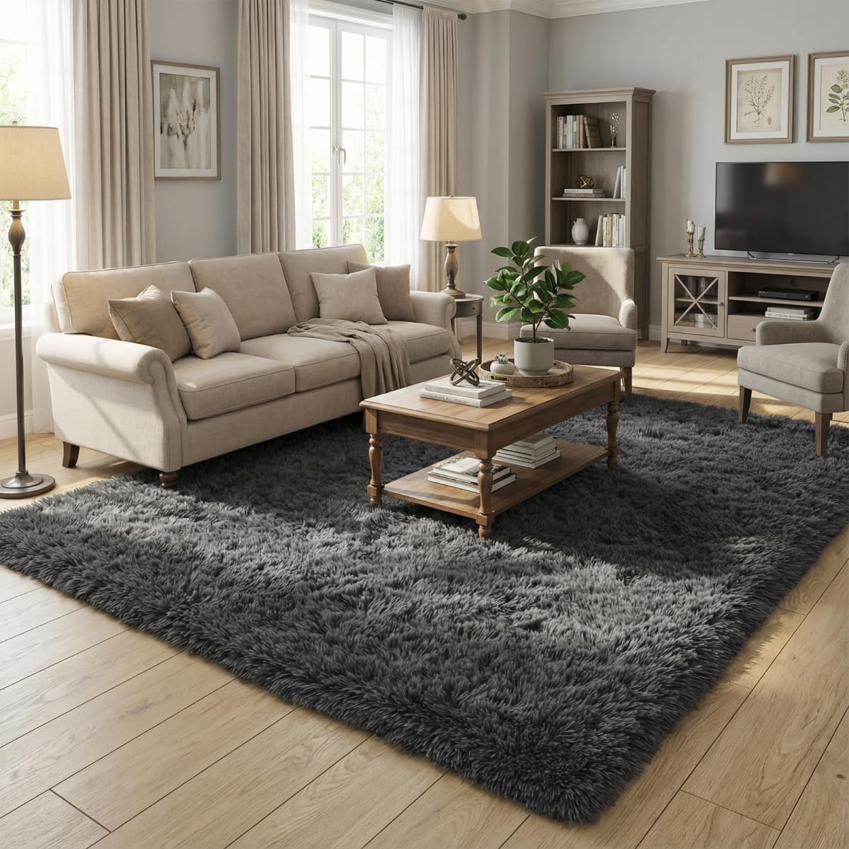 Soft Fluffy Area Rugs for Bedroom,7x10 Area Rug Shaggy Plush Carpet, Non-Slip Fuzzy Rug for Living Room, Kids Room, Dorm, Cozy Home Decor，Dark Grey