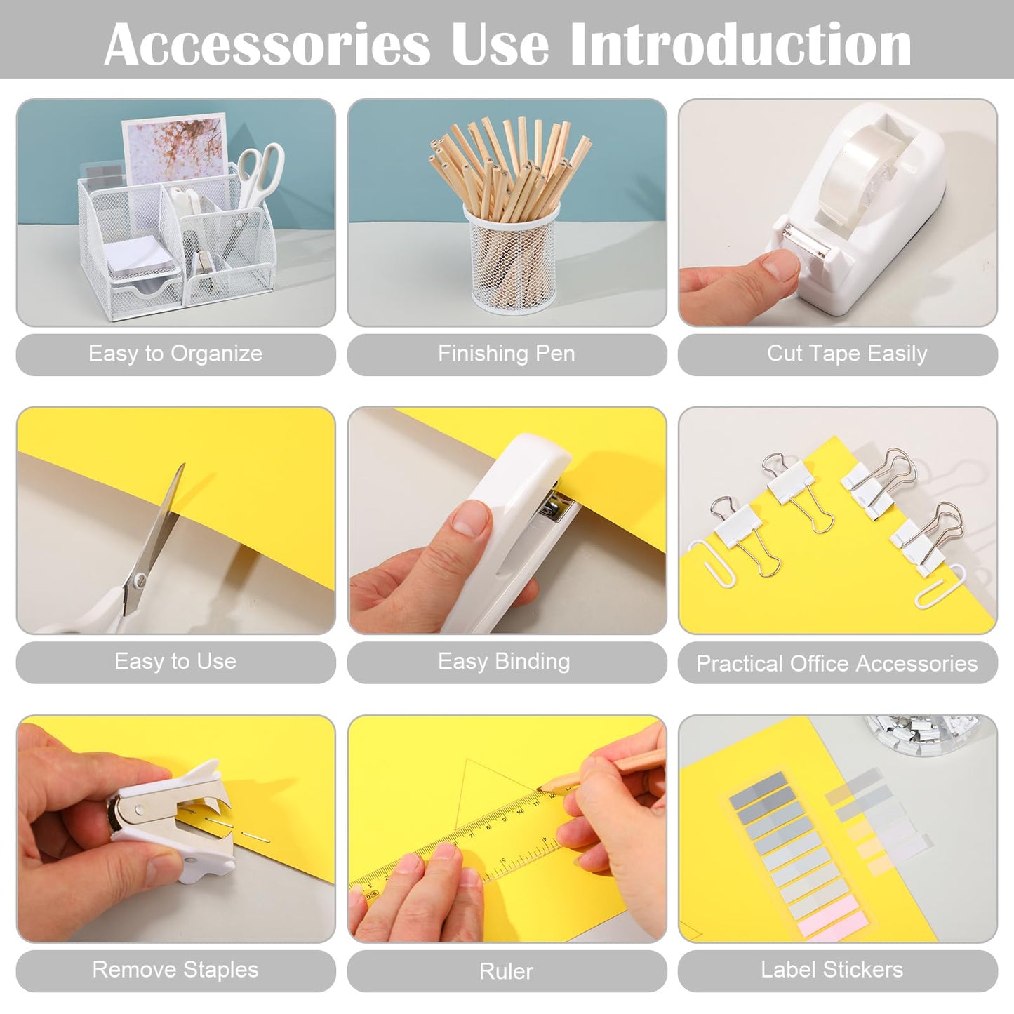 11 in 1 Desk Organizers and Accessories - White Office Supplies - Includes White Stapler, Tape Dispenser, Pen Holder, Staple Remover, Clips, Ruler, Scissors, Tapes, Tabs