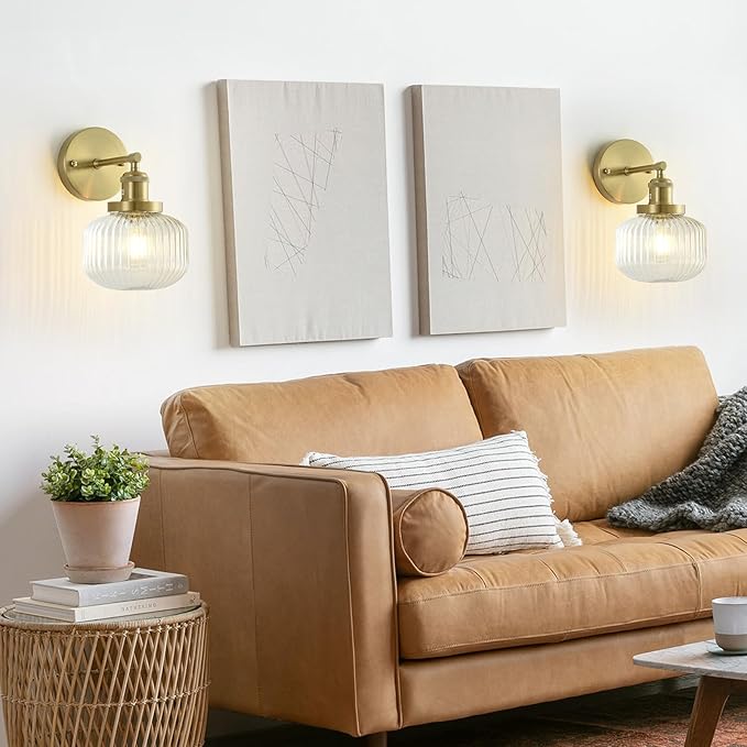 Vintage Wall Sconces with Clear Pumpkin Glass Lampshade, Indoor Bath-Room Wall Sconce, Modern Gold Industrial Lighting Fixture for Mirror Living Room Hallway 2 Pack