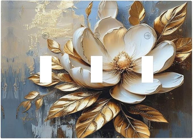 Decorative Art Light Switch Covers Gilded Bloom 3 Gang Triple Toggle Wall Plate Decorative Switch plate Electrical Faceplate for Home Decor