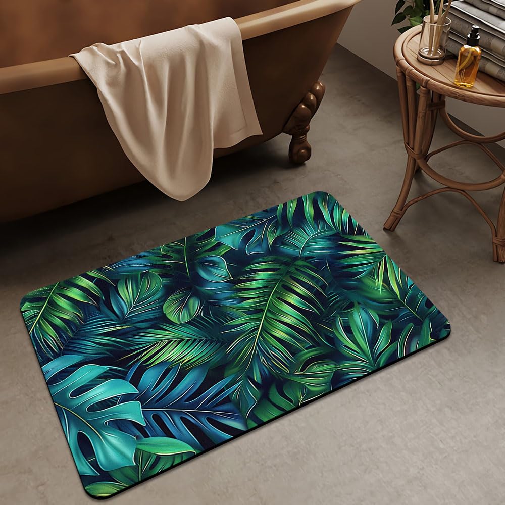 Bath Mat Rug,Green blue tropical leaves Non Slip Quick Dry Super Absorbent Thin Bathroom Rugs Fit Under Door-Easy to clean Bathroom Floor Mats-Shower Rug for Shower Sink Bathtub(16" x 24"In)