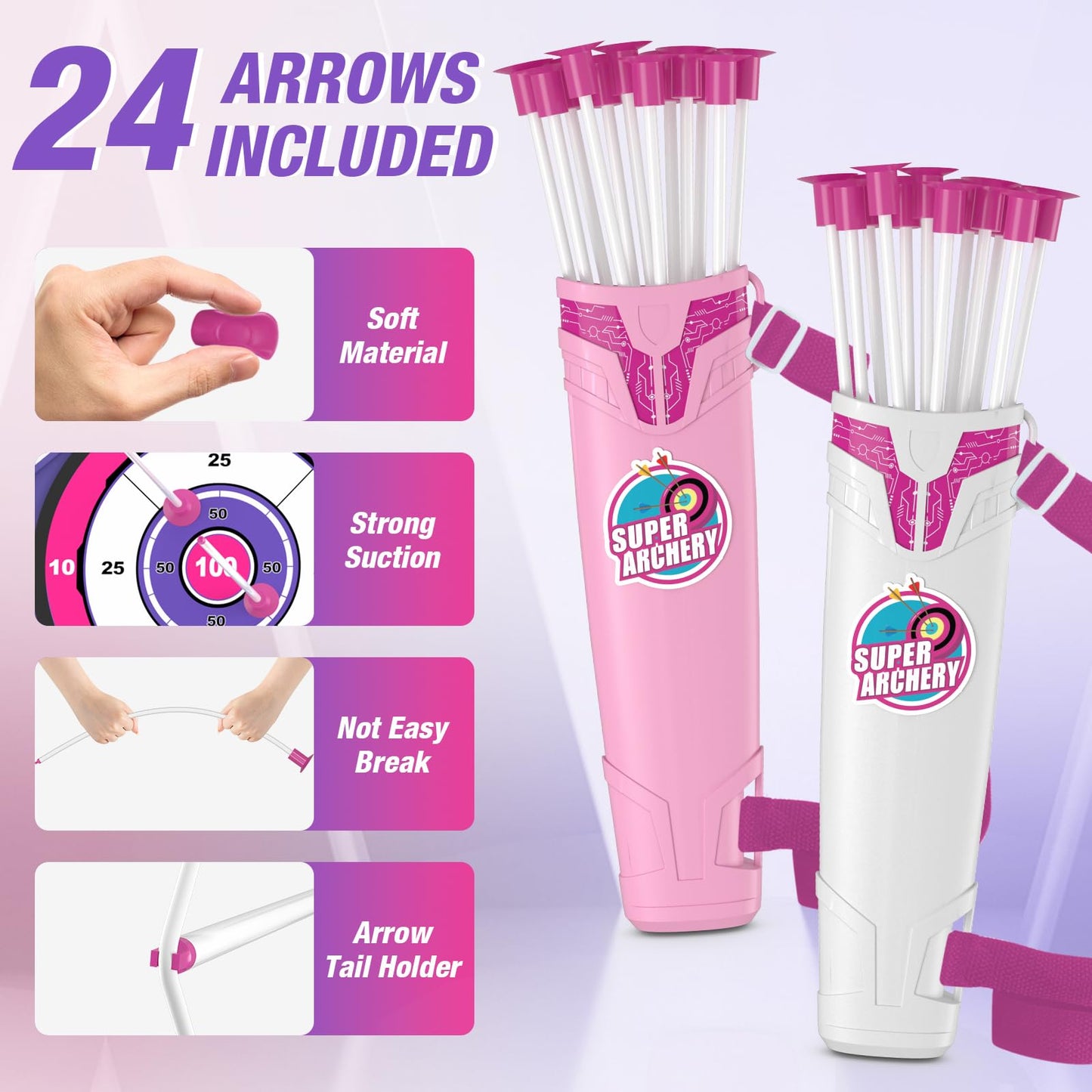 HYES 2 Pack Bow and Arrow for Kids, LED Light Up Archery Set with 24 Suction Cup Arrows, 2 Hanging Targets, 6 Score Targets & 2 Quiver, Indoor Outdoor Sport Toys for Girls Ages 4-12