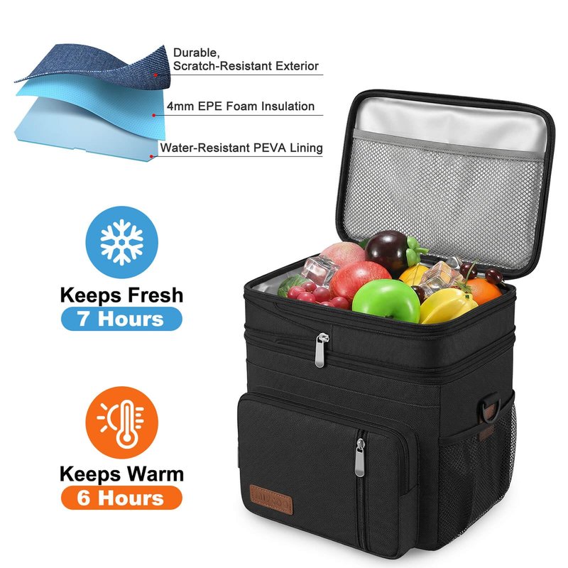 MIYCOO Lunch Bag & Lunch Box for Men Women, Double Deck Leakproof Insulated Soft Large Adult Camping Cooler bag for Work, Beach, Picnic, Travel (Black, 15L)