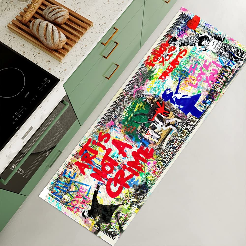 JUST BREATHE Graffiti Abstract Runner Rug 'Follow Your Dreams' Pop Art Street Art Cool Rug Inspiring Money Rugs One Million Dollar Mat Floor Carpet for Bathroom Bedroom Home Office 59"x24"