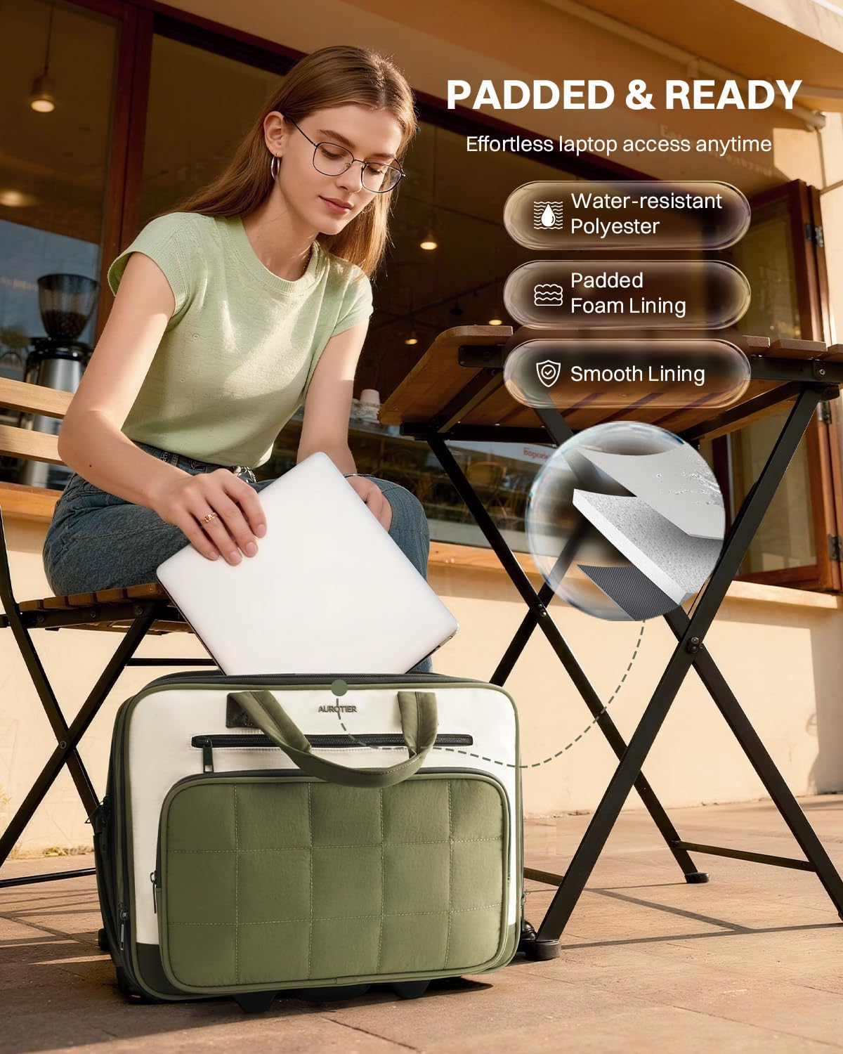 AUROTIER Rolling Puffer Laptop Bag, Rolling Briefcase for Women, Wheeled 16 Inch Computer Bag, Water Resistant Stylish Overnight Underseat Carry On Luggage with Wheels for Work Travel Business, Green