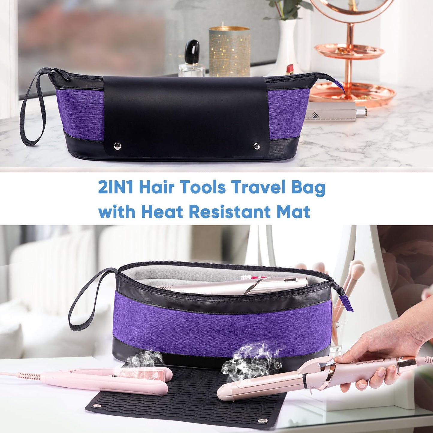 Large Hair Tools Travel Bag with Iron Mat - 2in1 Hair Tools Organizer for Hair Dryer Brush, Flat Irons, Straighteners, Curling Irons, Hair Bag, Makeup Bag, Cosmetic Bag for Travel Essentials