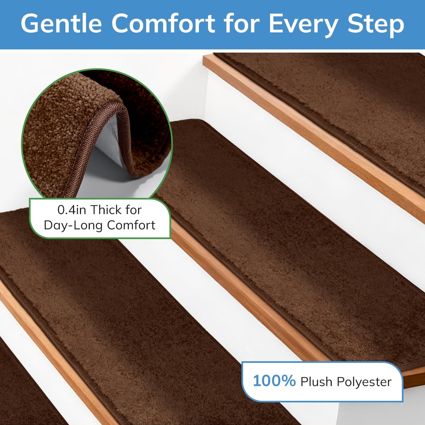 Umimile Peel and Stick Stair Treads Non Slip, Extra Thick 0.6" for Wood Steps, 15 Pack Carpet Stair Treads Indoor with Strong Adhesive, Stair Runner for Safety of Kids, Elders, Pets (Brown, 8"x30")
