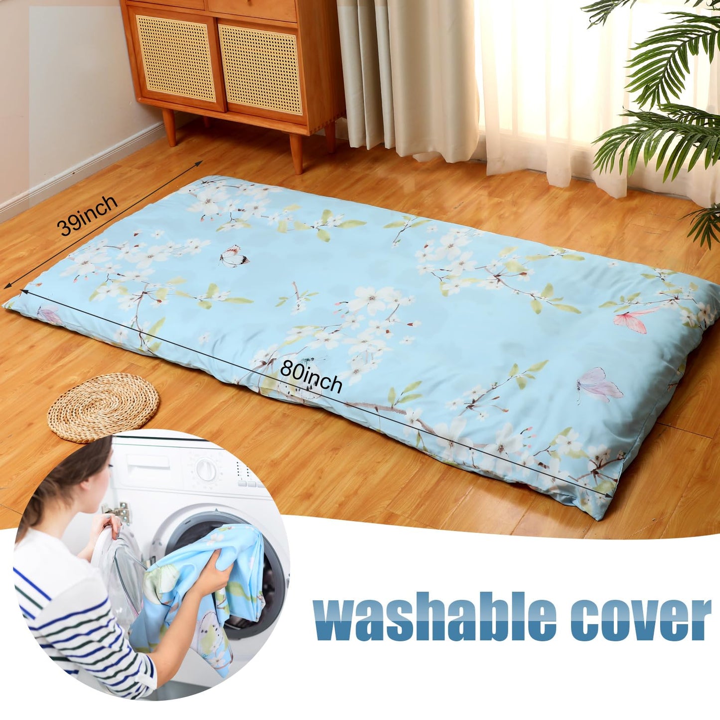 Preboun Futon Mattress Cover with Zipper 84 x 58/80 x 39 Japanese Floor Cushion Tatami Thai Korean Sleep Mats Protector Cover Washable Skin Friendly Without Futon(Flower,Twin Size,Blue)